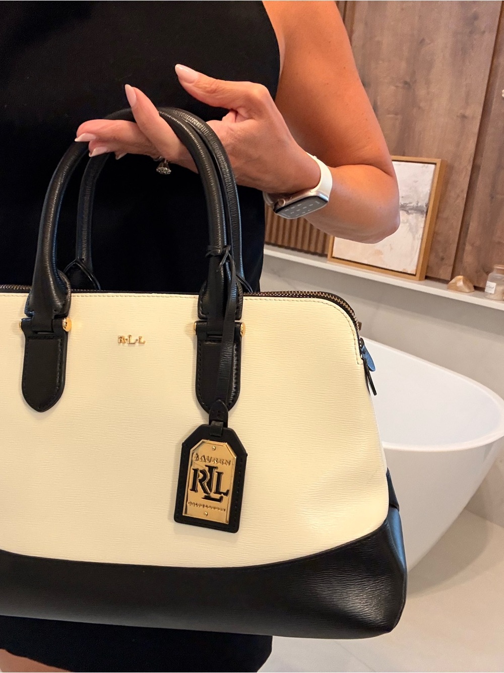 Ralph Lauren Black & Cream Dome Satchel with Gold Hardware